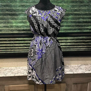 Kalijati Women’s Purple Black & White Print Fitted Waist Ruffle Sleeve Dress LRG